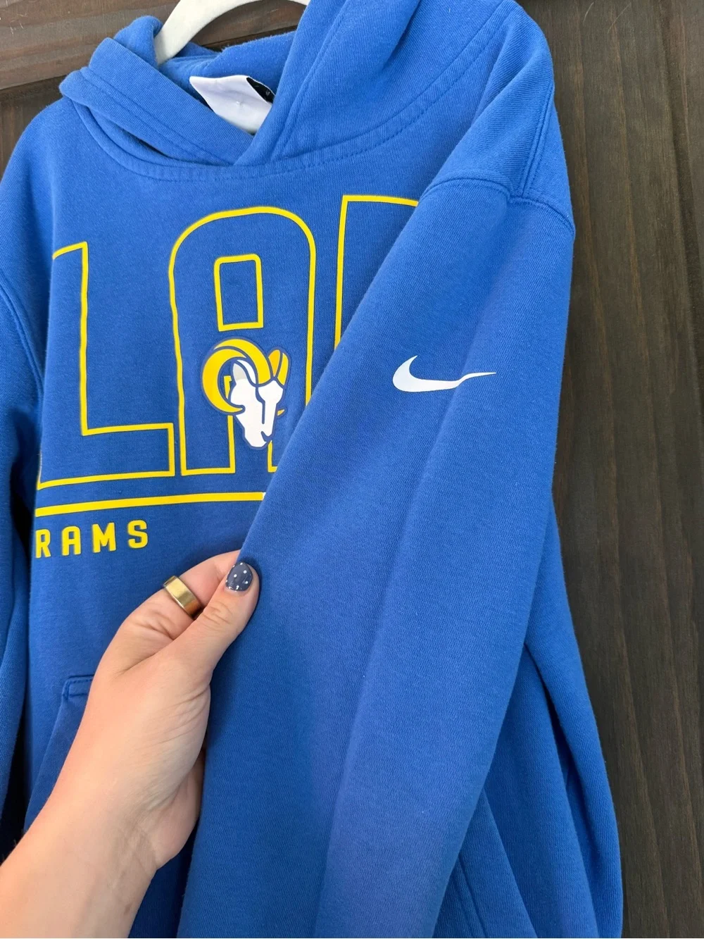 Nike Royal Blue Kids Las Angeles Rams Hoodie with Yellow Logo